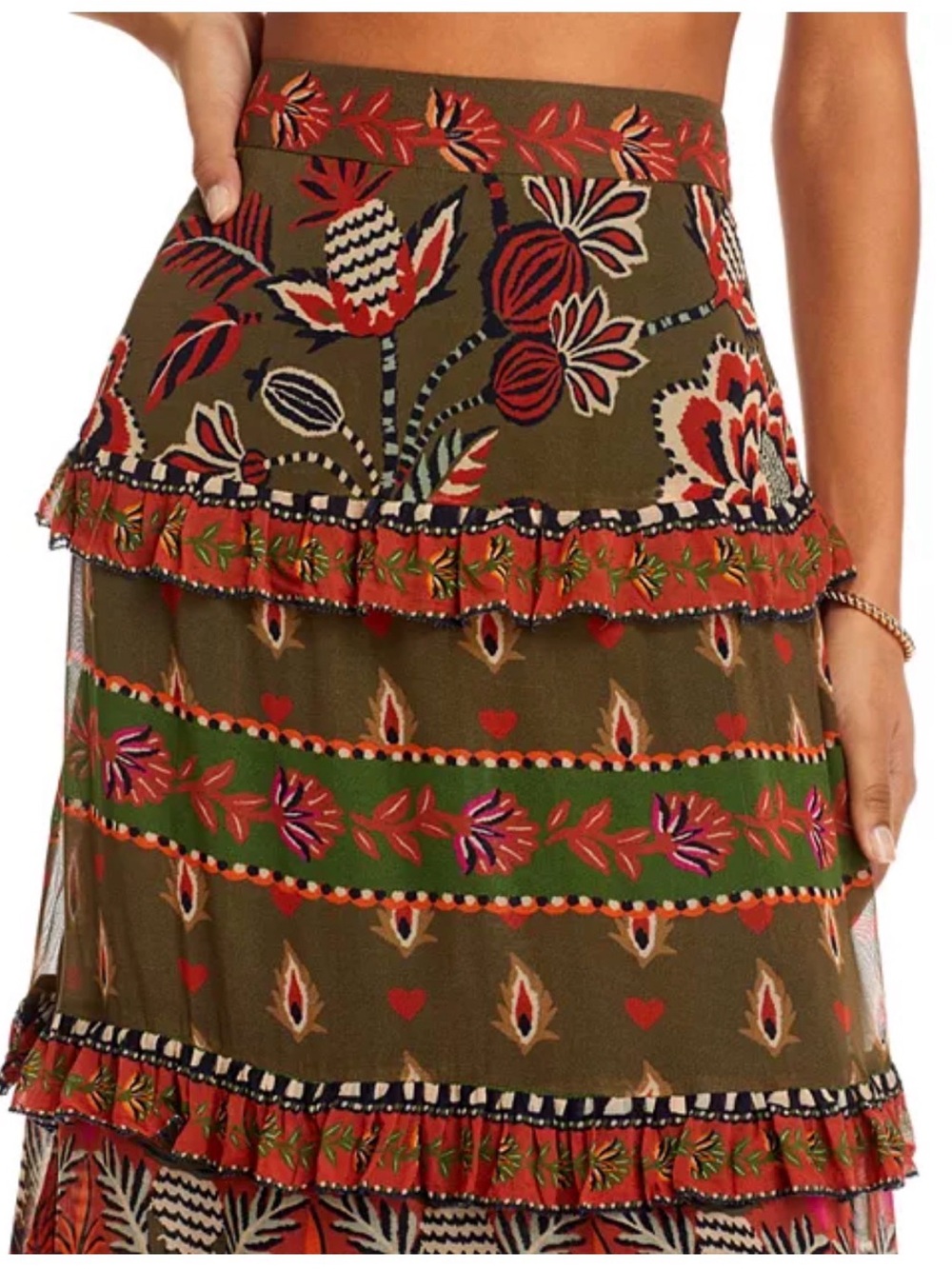 NWT FARM Rio Ainika Floral Garden Maxi Skirt Tiered Maxi Skirt in Olive and Rust